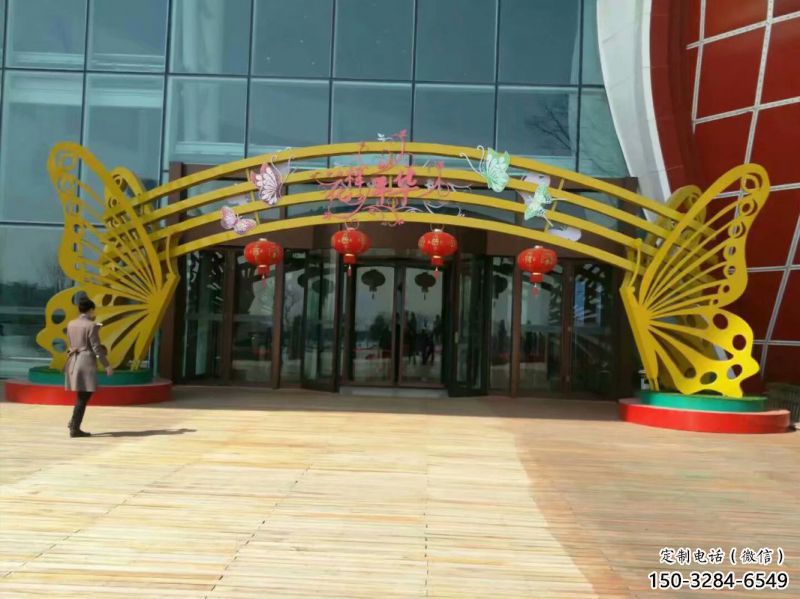 杭州蝴蝶拱門雕塑，鏤空烤漆效果，不銹鋼小區(qū)標識雕塑